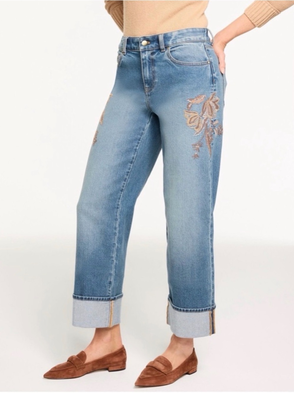 Talbots Embroidered Floral Straight Ankle Cuff Jeans Size 2P Medium Wash